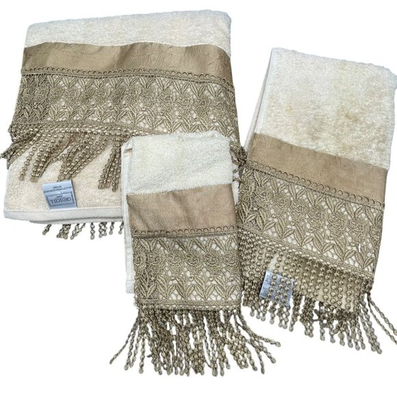 croscill home 3 piece bath towel set RN 21857 floral fringe cotton cream READ - Picture 1 of 10